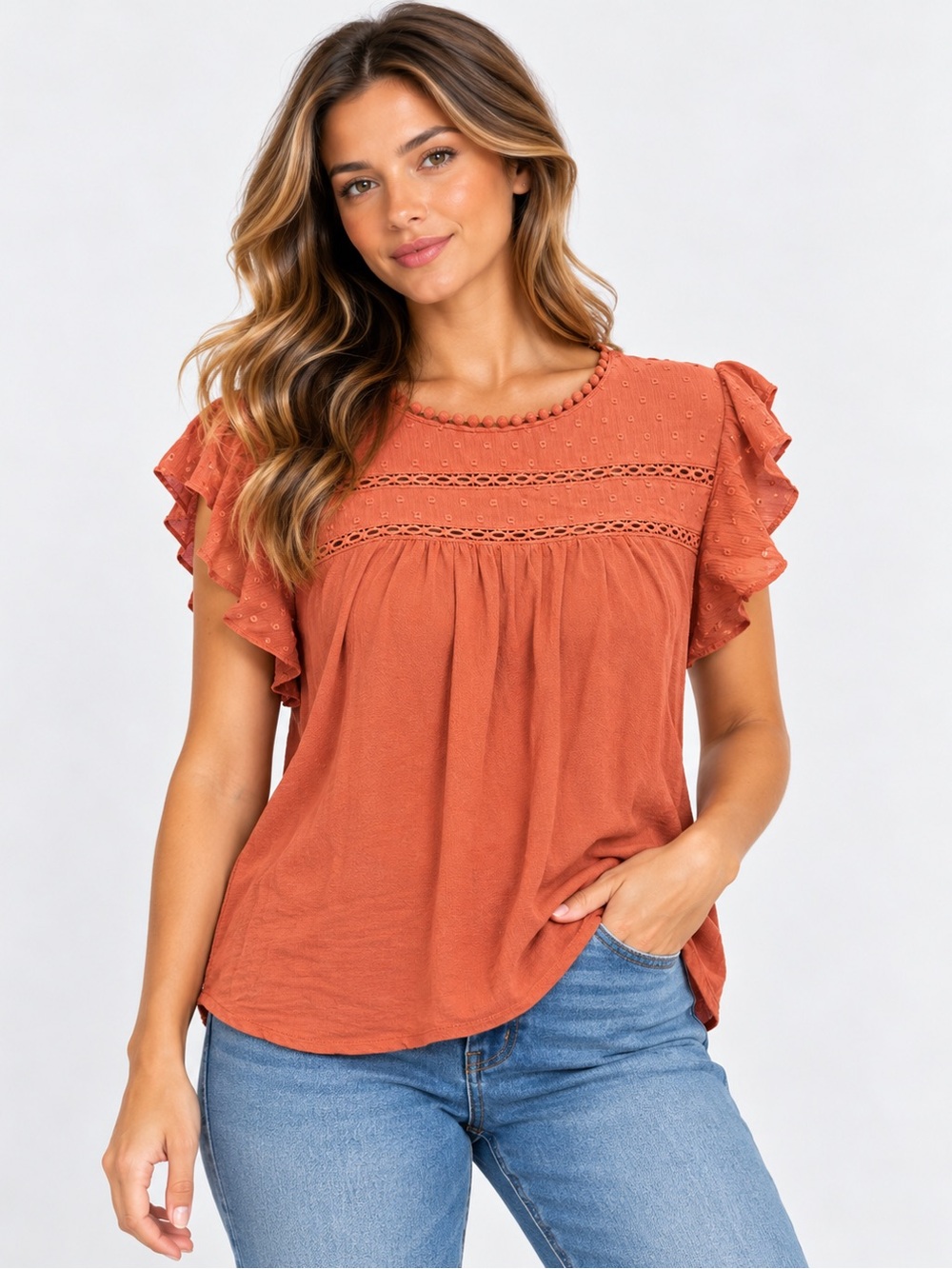 Adrianna Papell Rust Crochet Yoke Flutter Sleeve Top